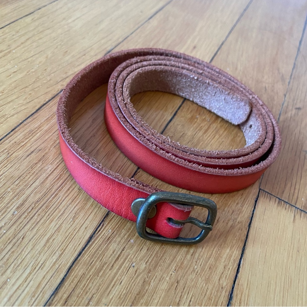 Vintage Slim Leather Belt w/ Brass Buckle | Size XS | Red Pink